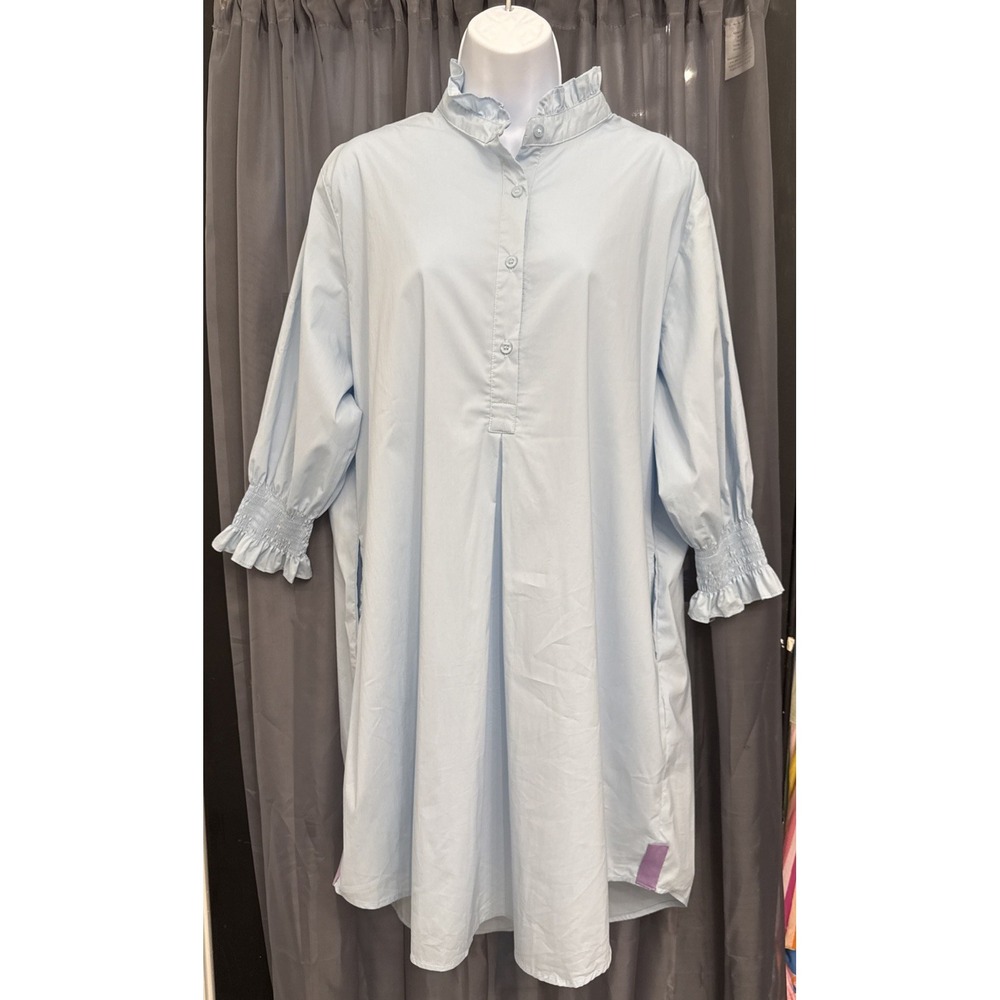 Caryn Lawn Kimberly Dress Blue Ruffle Split Neck Smocked Cuff Ribbon Poplin OS
